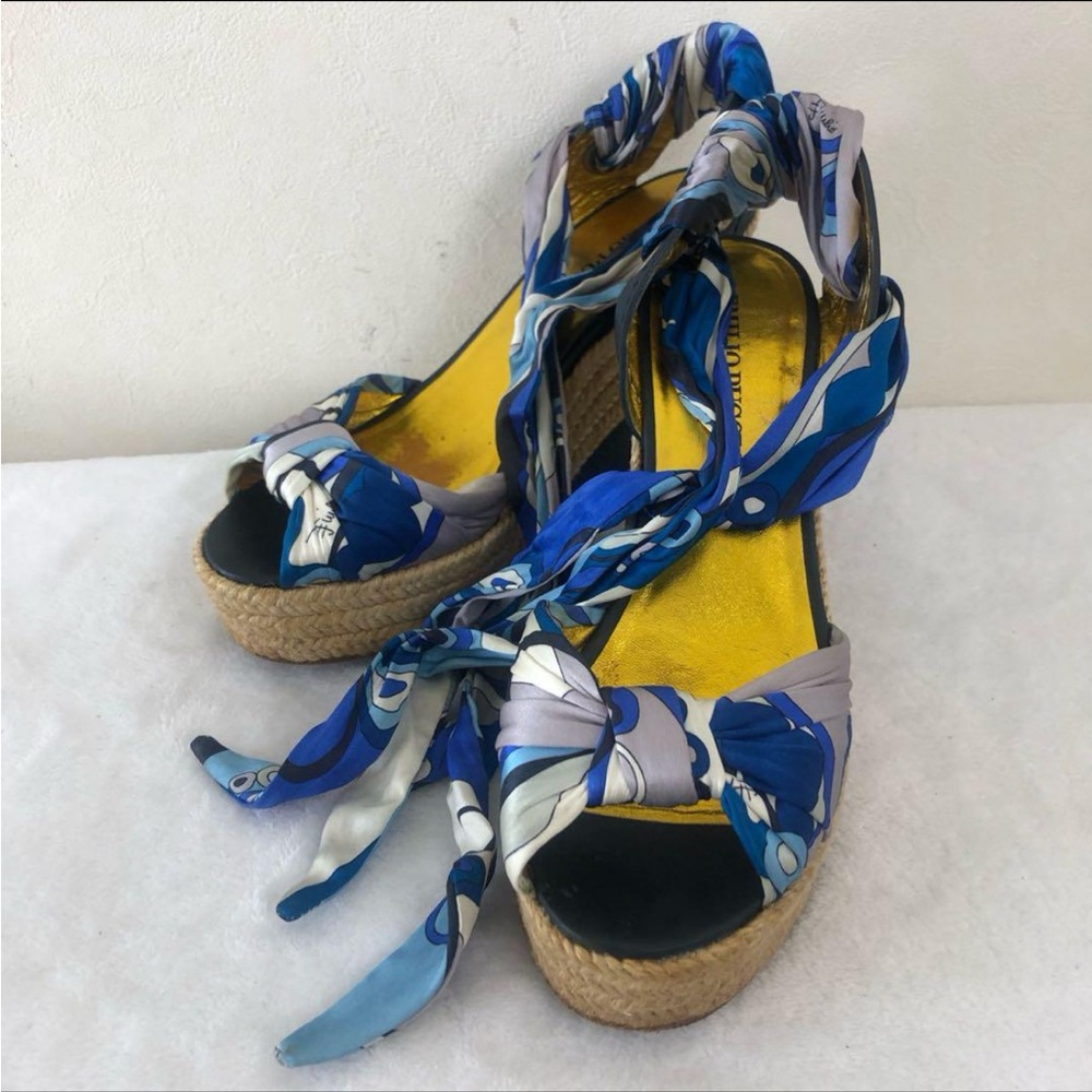 Emilio Pucci Blue and Yellow Patterned Wedge Heels